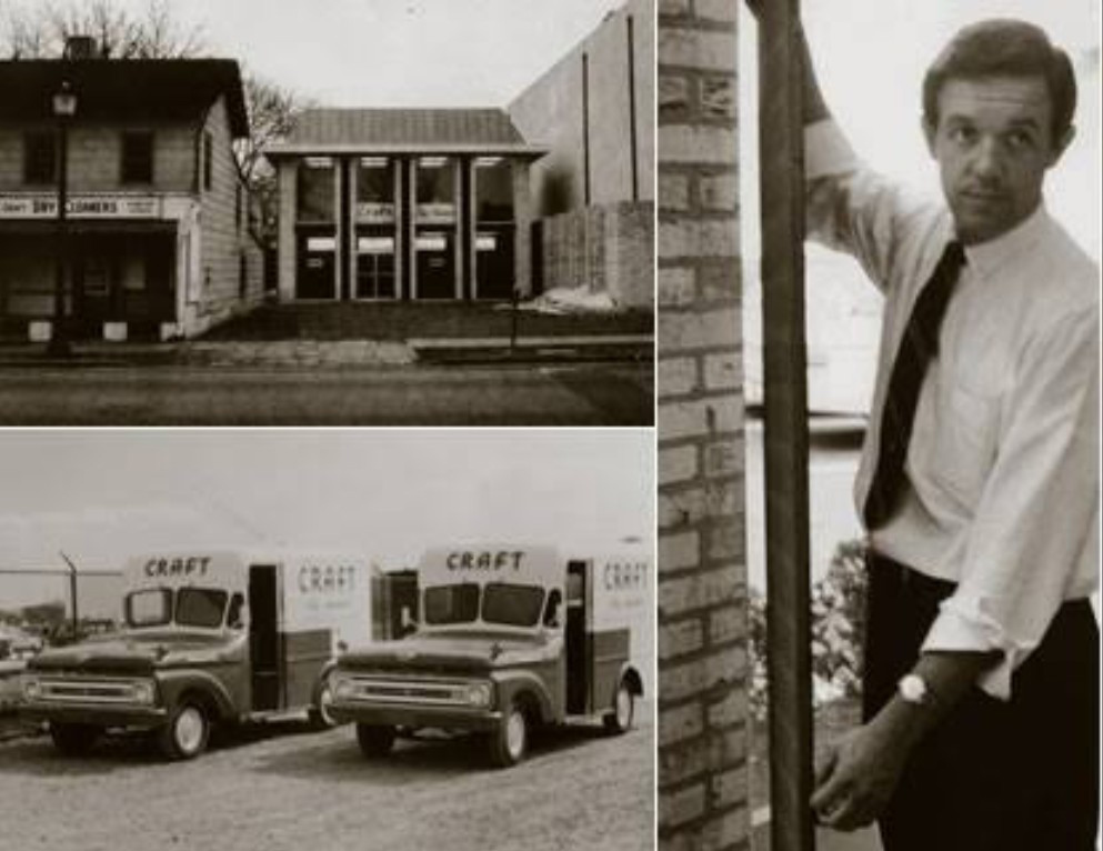 Historical images of Craft Cleaners' location and vintage delivery trucks, showcasing the company's long-standing commitment to garment care since 1954.