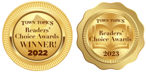 Gold award seals for Town Topics Readers' Choice Awards, highlighting Craft Cleaners as the winner in 2022 and a nominee in 2023, emphasizing their commitment to excellence in garment care.