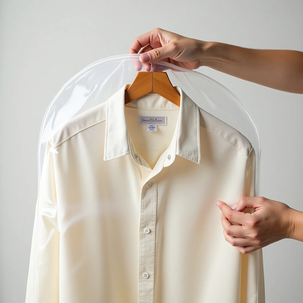 A person holding a hanger with a white dress shirt covered by a clear plastic garment bag.