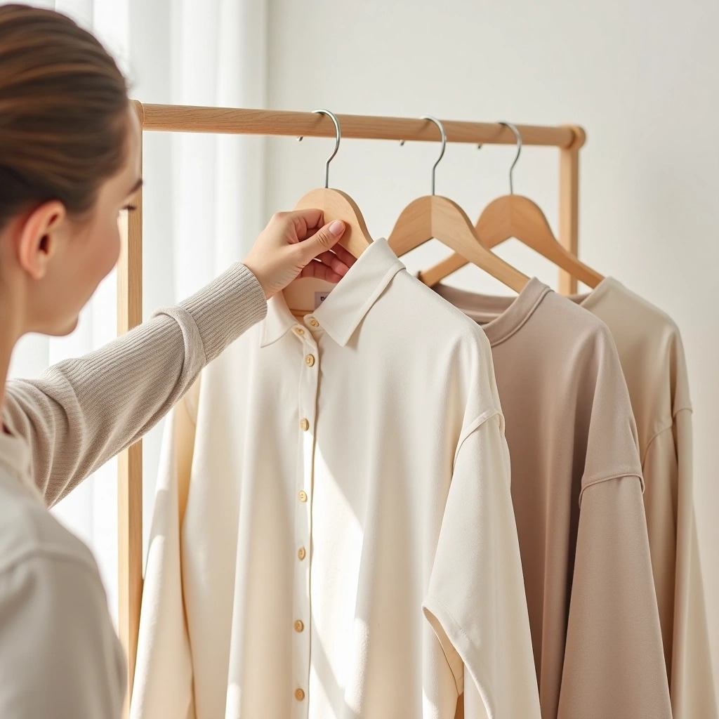 A person selects a light-colored shirt from a wooden clothing rack with three neutral-toned garments hanging on wooden hangers.