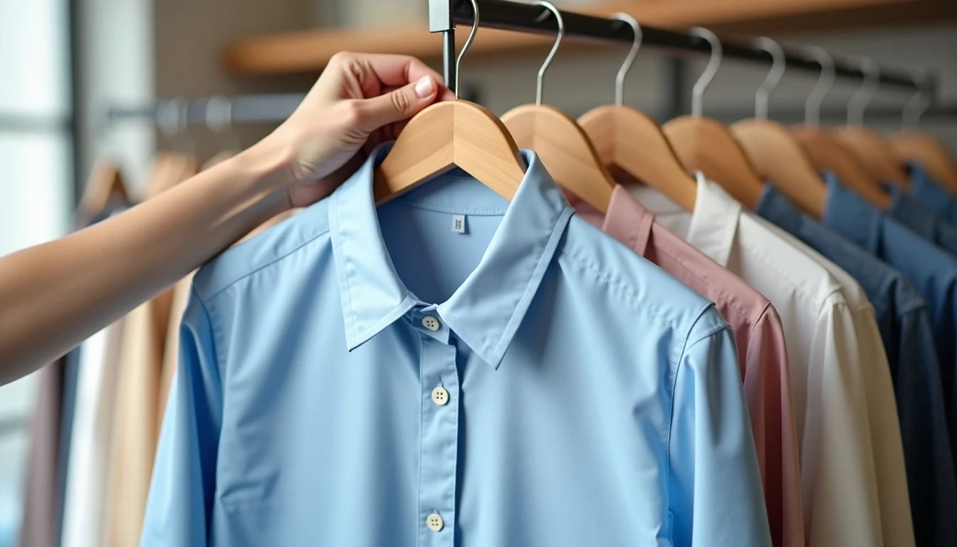 A hand selects a light blue button-up shirt from a rack of neatly hung shirts in various pastel colors.