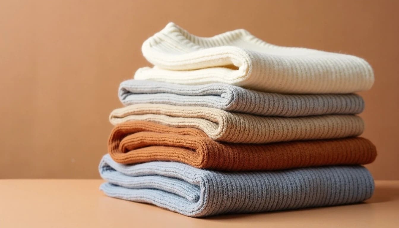Stack of neatly folded sweaters in various colors, showcasing Craft Cleaners' Wash and Fold Laundry Service for fresh and organized clothing.