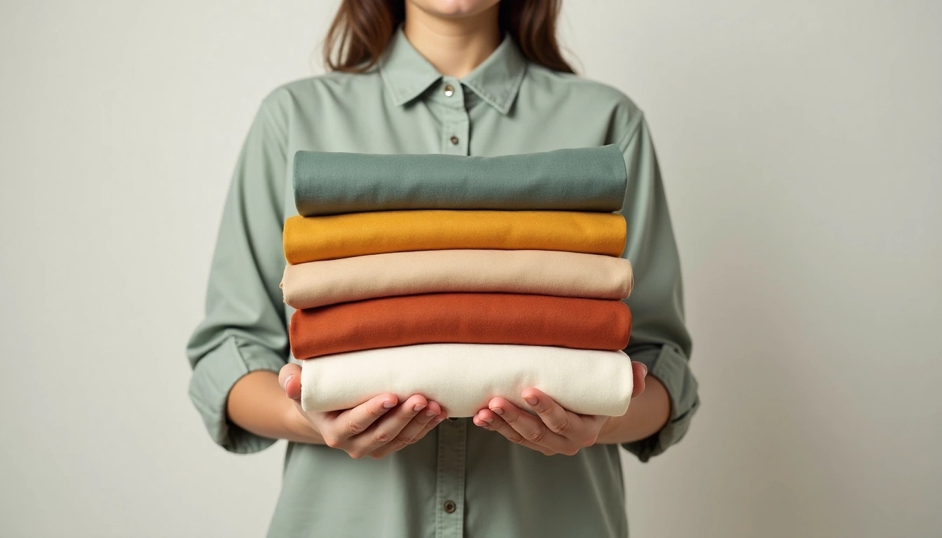 A person in a green shirt holds a stack of five folded fabrics in green, yellow, orange, beige, and cream colors.
