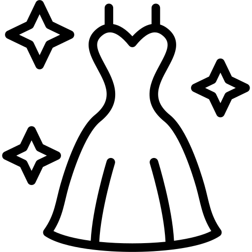 Black and white line drawing of a strapless dress surrounded by three sparkling stars.