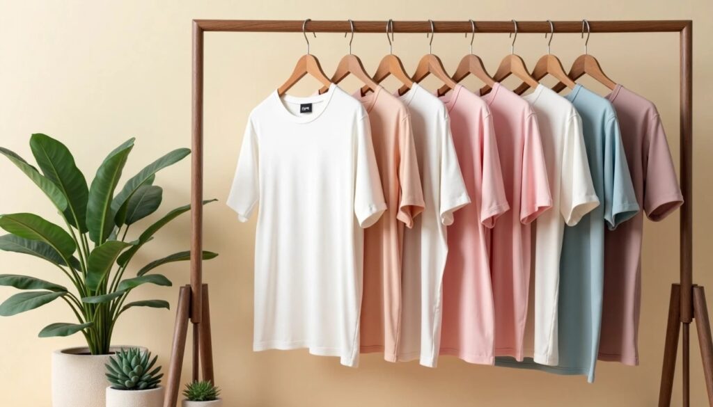 Hanging collection of eco-friendly t-shirts in pastel colors, showcasing sustainable fashion options for dry cleaning and garment care.