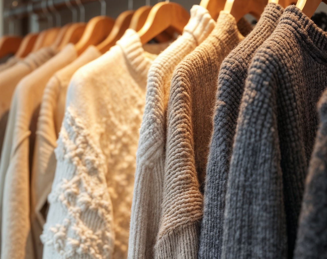 Assorted knitted sweaters on hangers, showcasing various textures and colors, emphasizing the importance of professional care for delicate fabrics like wool and knitwear.