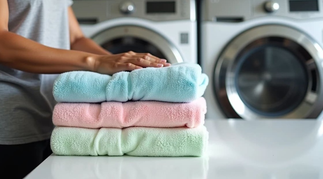 Stack of freshly folded pastel towels in front of washing machines, illustrating the convenience of a Wash and Fold Laundry Service.