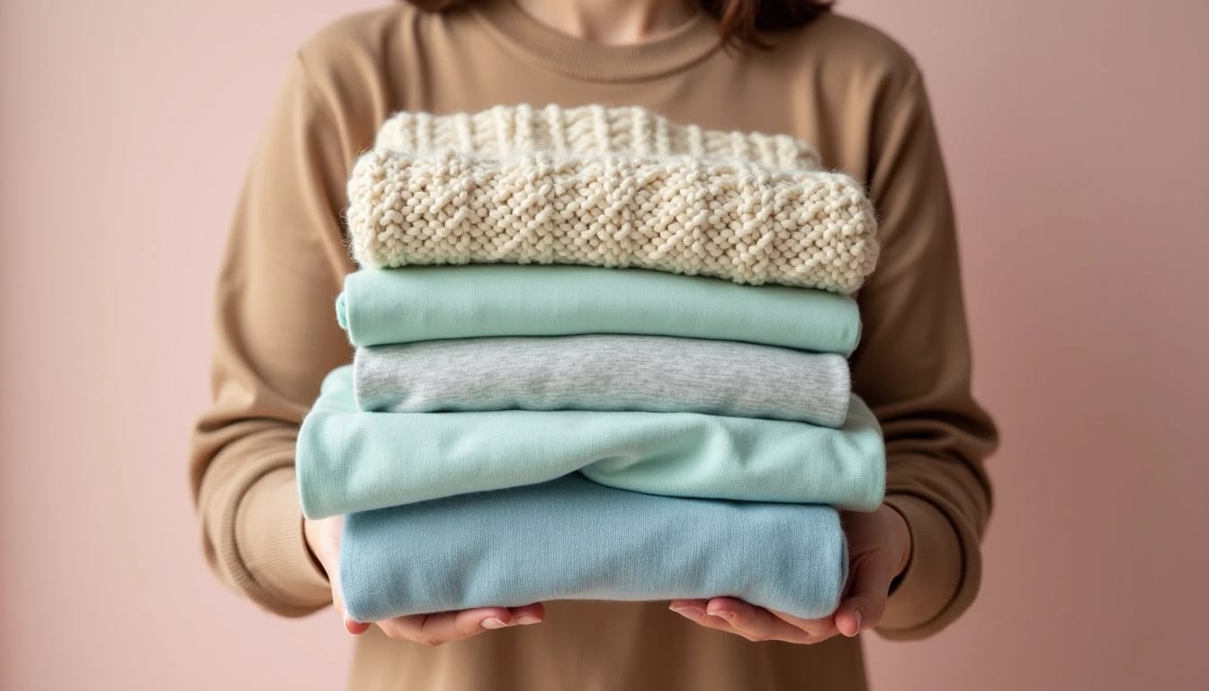 Woman holding neatly folded laundry, featuring a variety of colors and textures, representing Craft Cleaners' wash and fold laundry service.