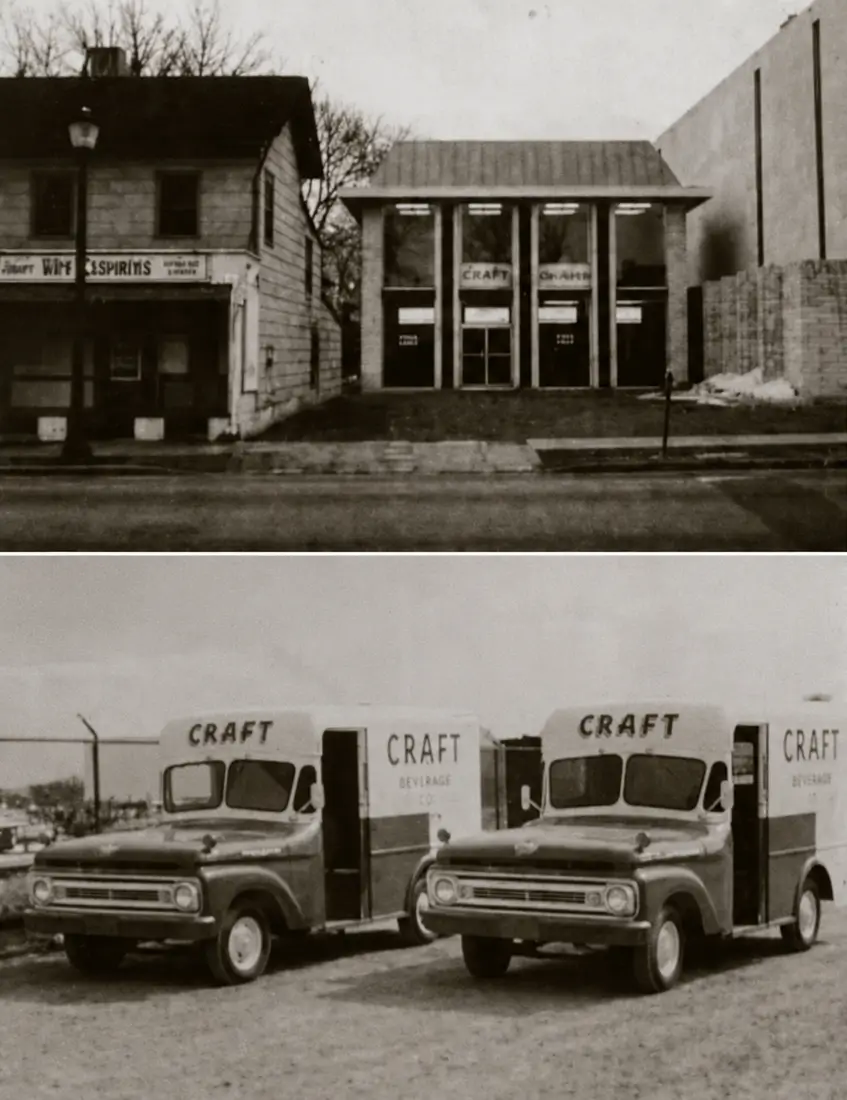 Two black-and-white photos: a street with a liquor store and another building, and two vintage trucks labeled “Craft Beverage” parked on dirt.